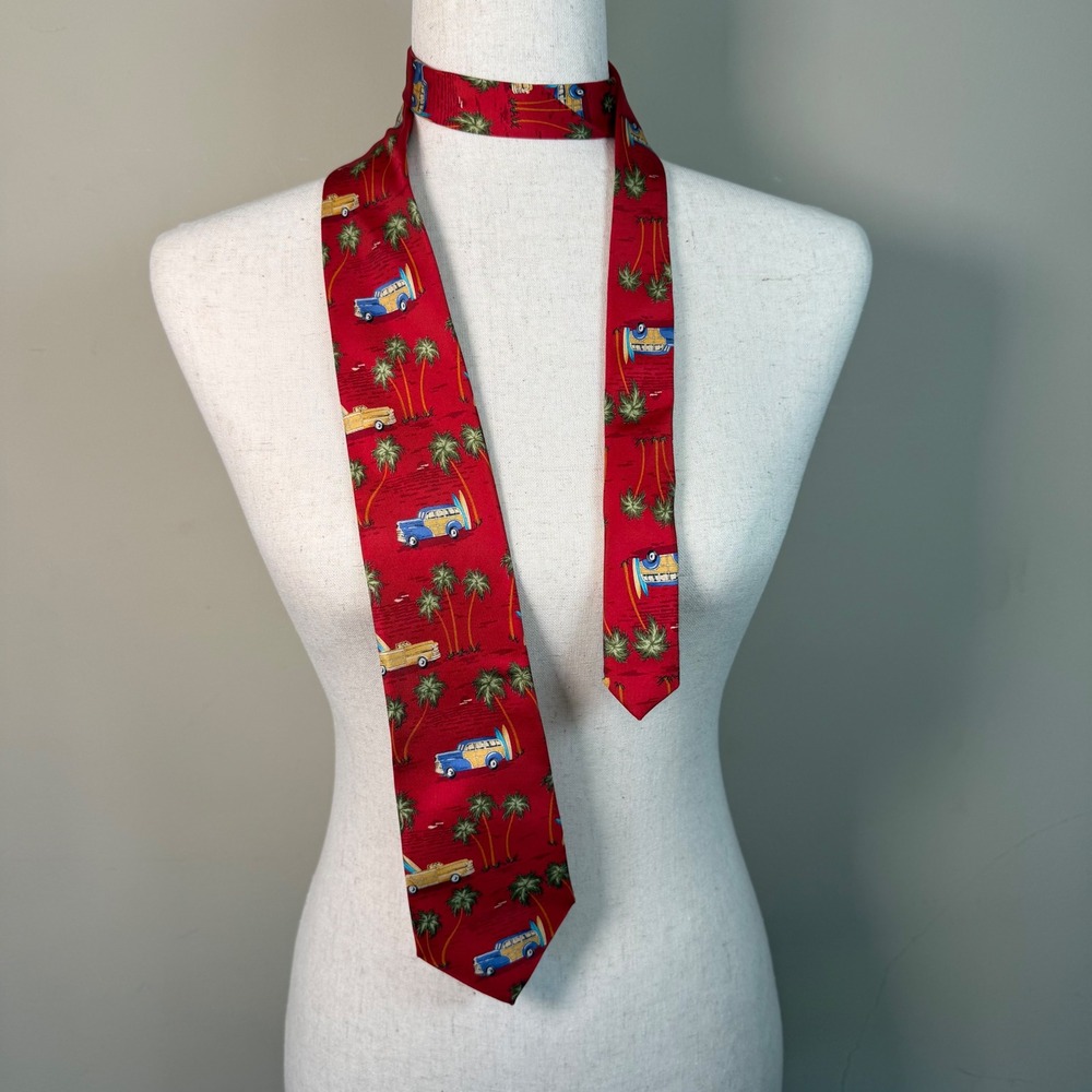100% Silk Red Beach Surf Palm Tree Car Tie 51" Long